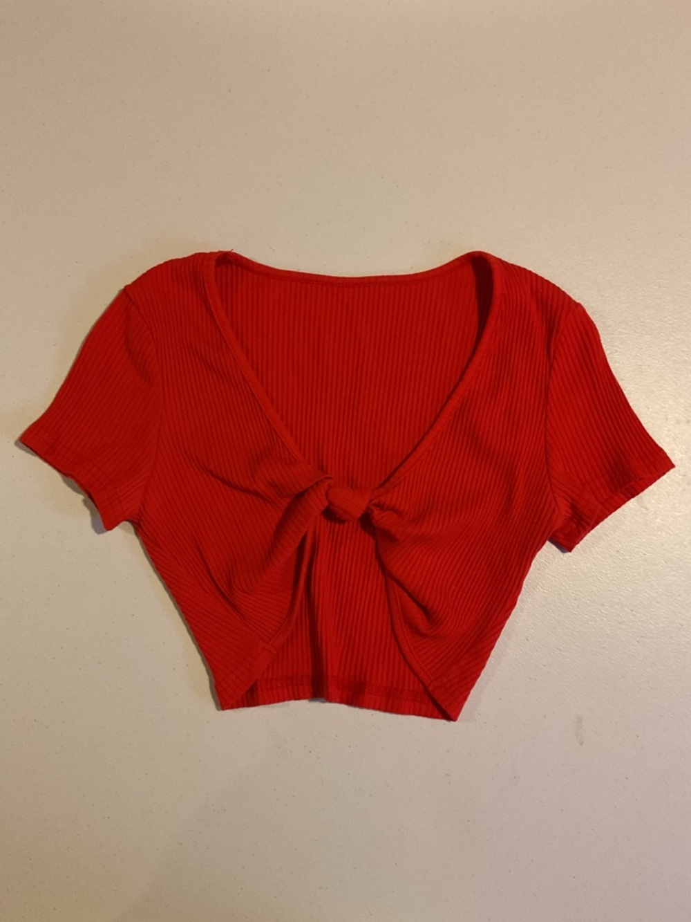 Women's Red Ribbed Tie-Front Crop Top